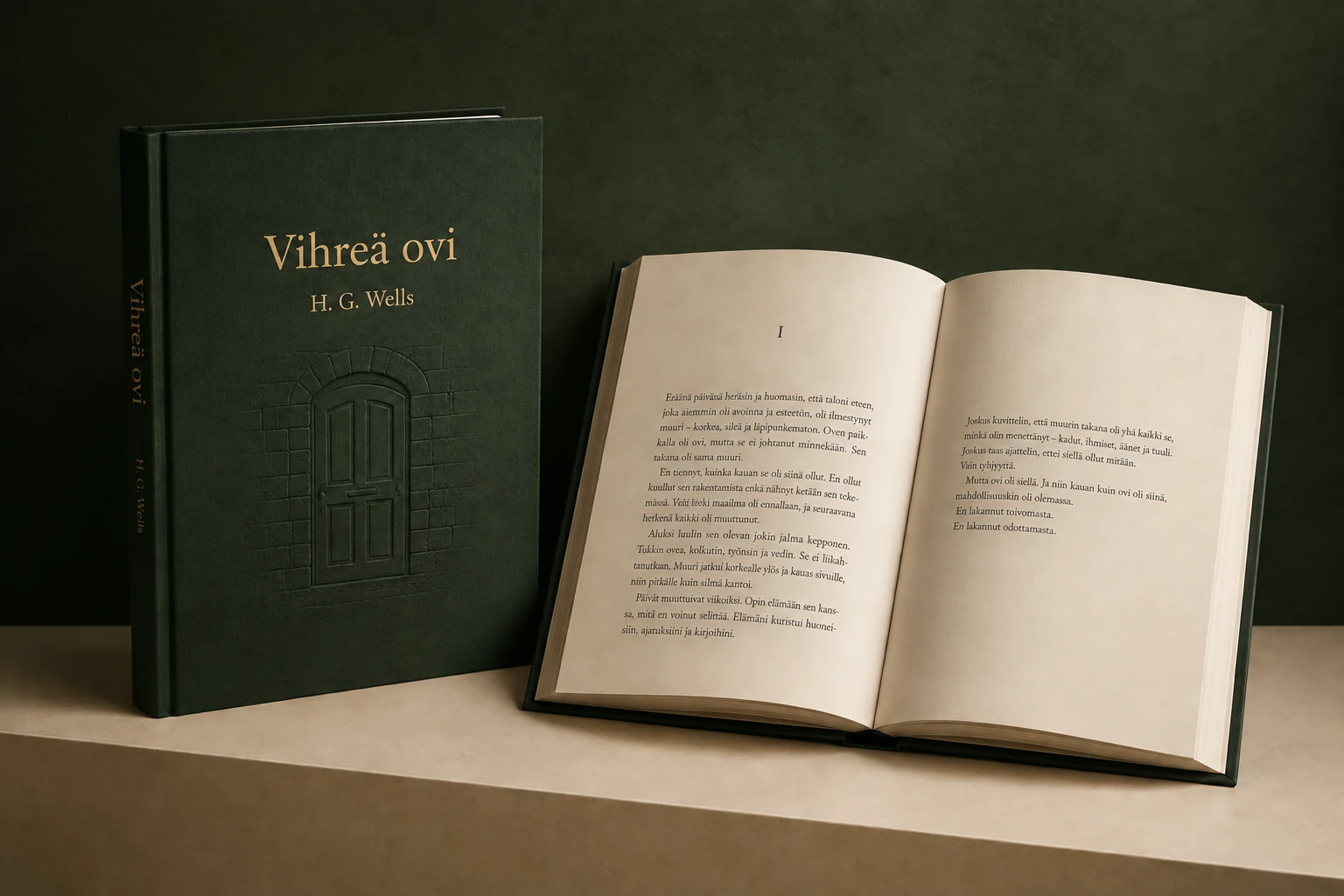 Vihreä kangaskantinen Vihreä ovi -kirjakonsepti, H. G. Wellsin nimi kullalla ja avoin malliaukeama.
