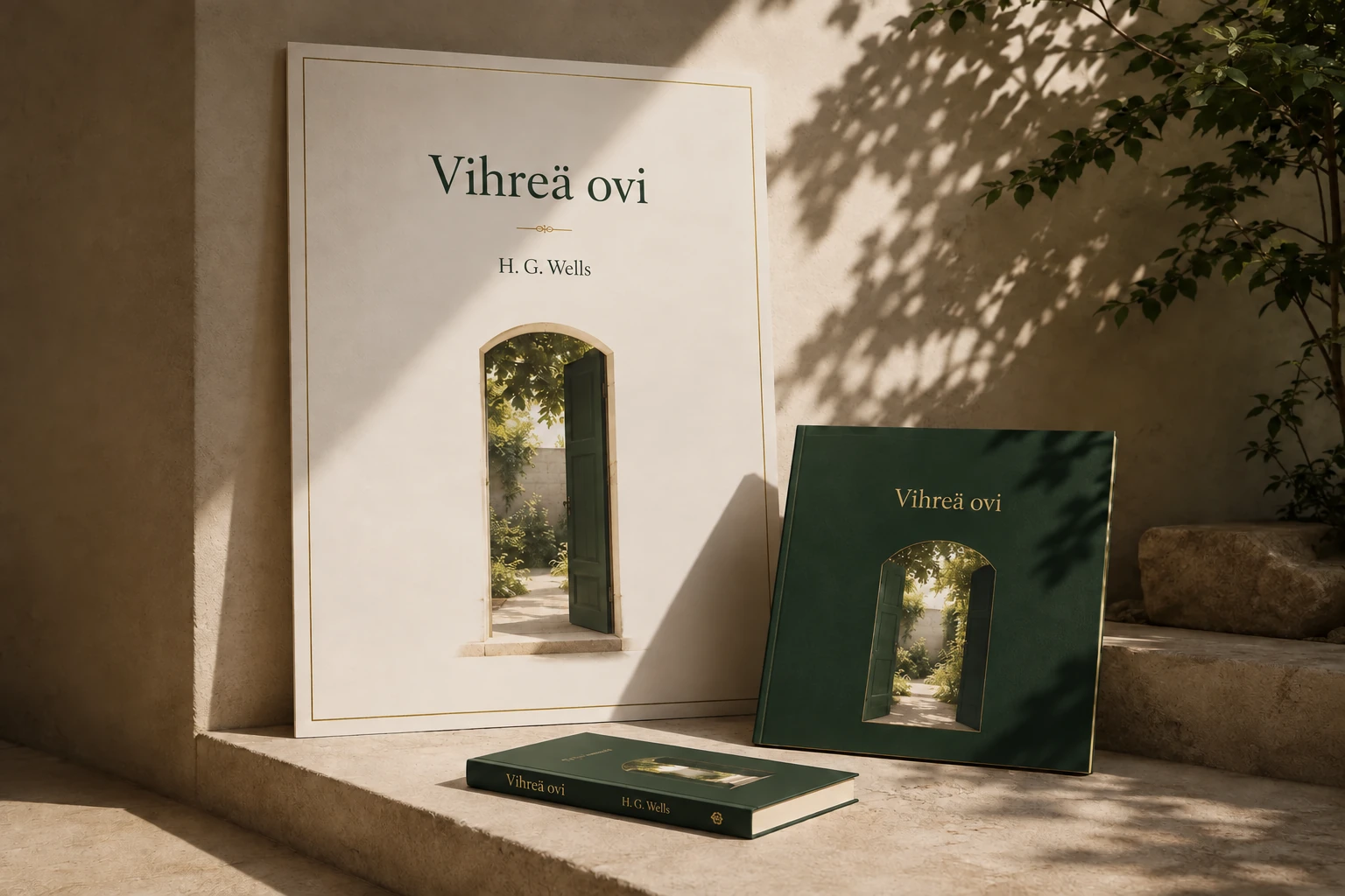Vihreä ovi -kirjan kampanjakonsepti: vaalea juliste, vihreä mainoskortti ja kirja, joita yhdistää vihreän oven kuva.